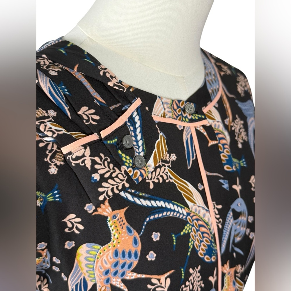 Ann Taylor Loft Long Sleeve Bird Print Dress in Black & Pastels Size 00P - Picture 5 of 9